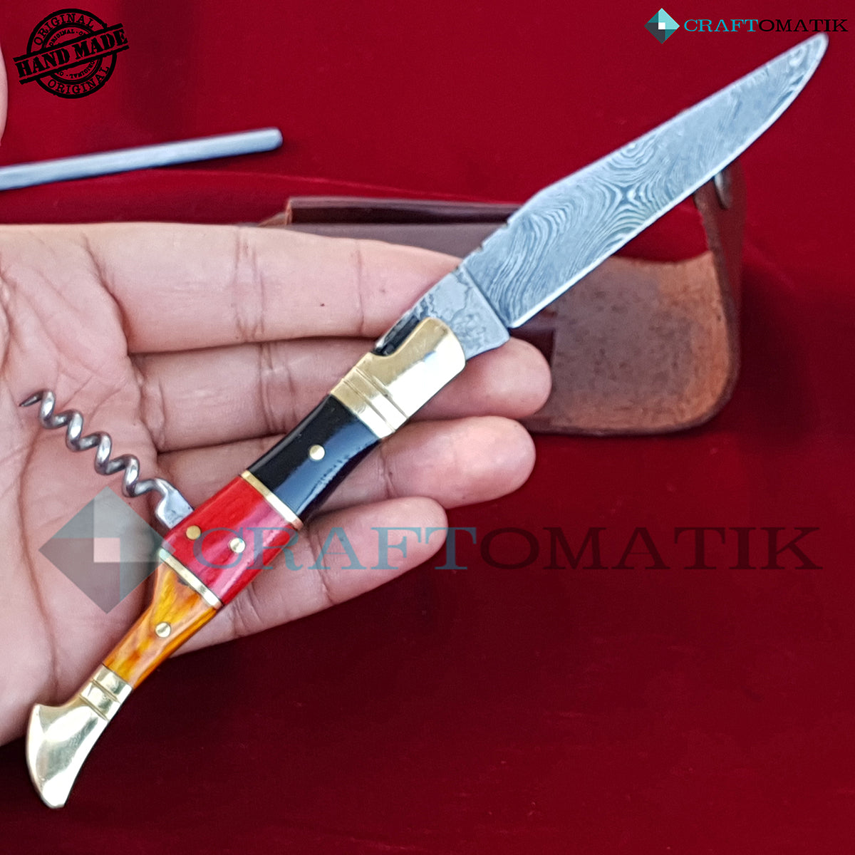 Laguiole Damascus Folding Knife | Pocket Knife Jack Knife | Germany Flag colors, Wood and Brass Grip with Cork Screw | Handmade Damascus Outdoor Camping Knife | FK26