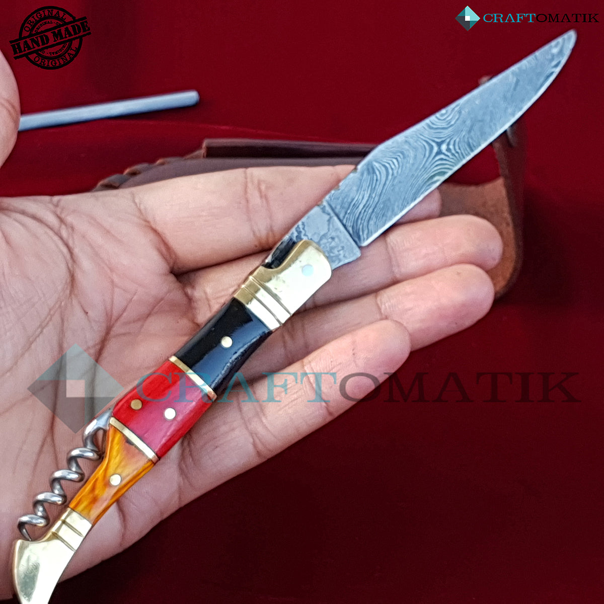 Laguiole Damascus Folding Knife | Pocket Knife Jack Knife | Germany Flag colors, Wood and Brass Grip with Cork Screw | Handmade Damascus Outdoor Camping Knife | FK26