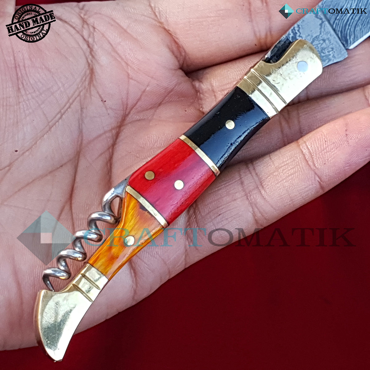 Laguiole Damascus Folding Knife | Pocket Knife Jack Knife | Germany Flag colors, Wood and Brass Grip with Cork Screw | Handmade Damascus Outdoor Camping Knife | FK26