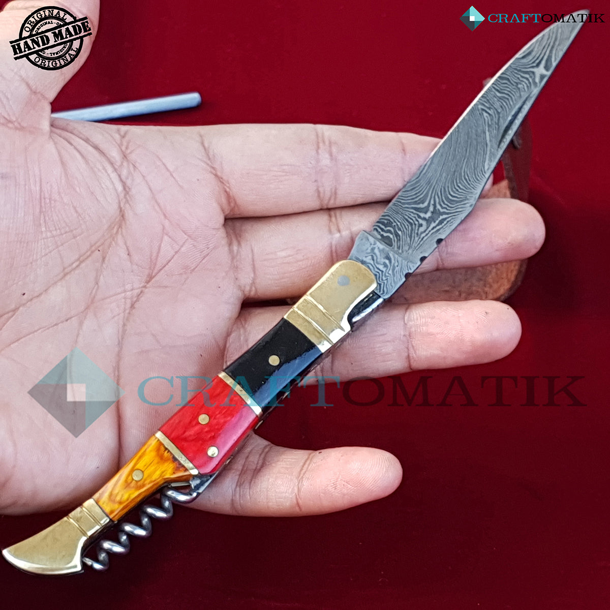 Laguiole Damascus Folding Knife | Pocket Knife Jack Knife | Germany Flag colors, Wood and Brass Grip with Cork Screw | Handmade Damascus Outdoor Camping Knife | FK26