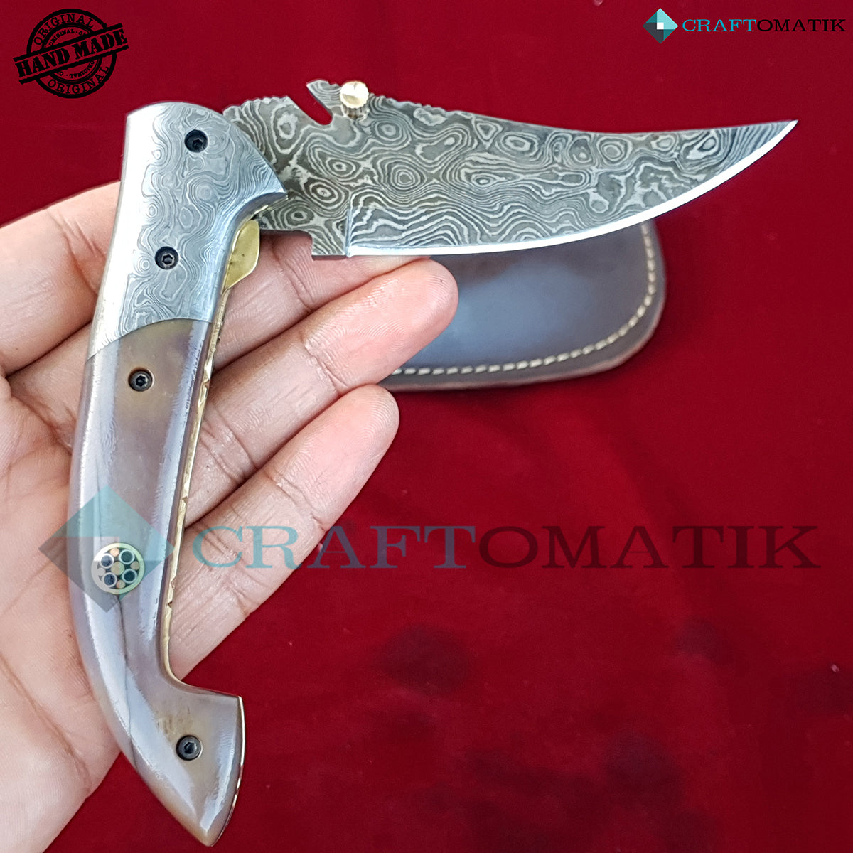 Damascus Folding Knife | Pocket Knife Jack Knife | Camel Bone, Damascus Steel, Mosaic Pin Grip | Handmade Damascus Outdoor Camping Knife | FK27