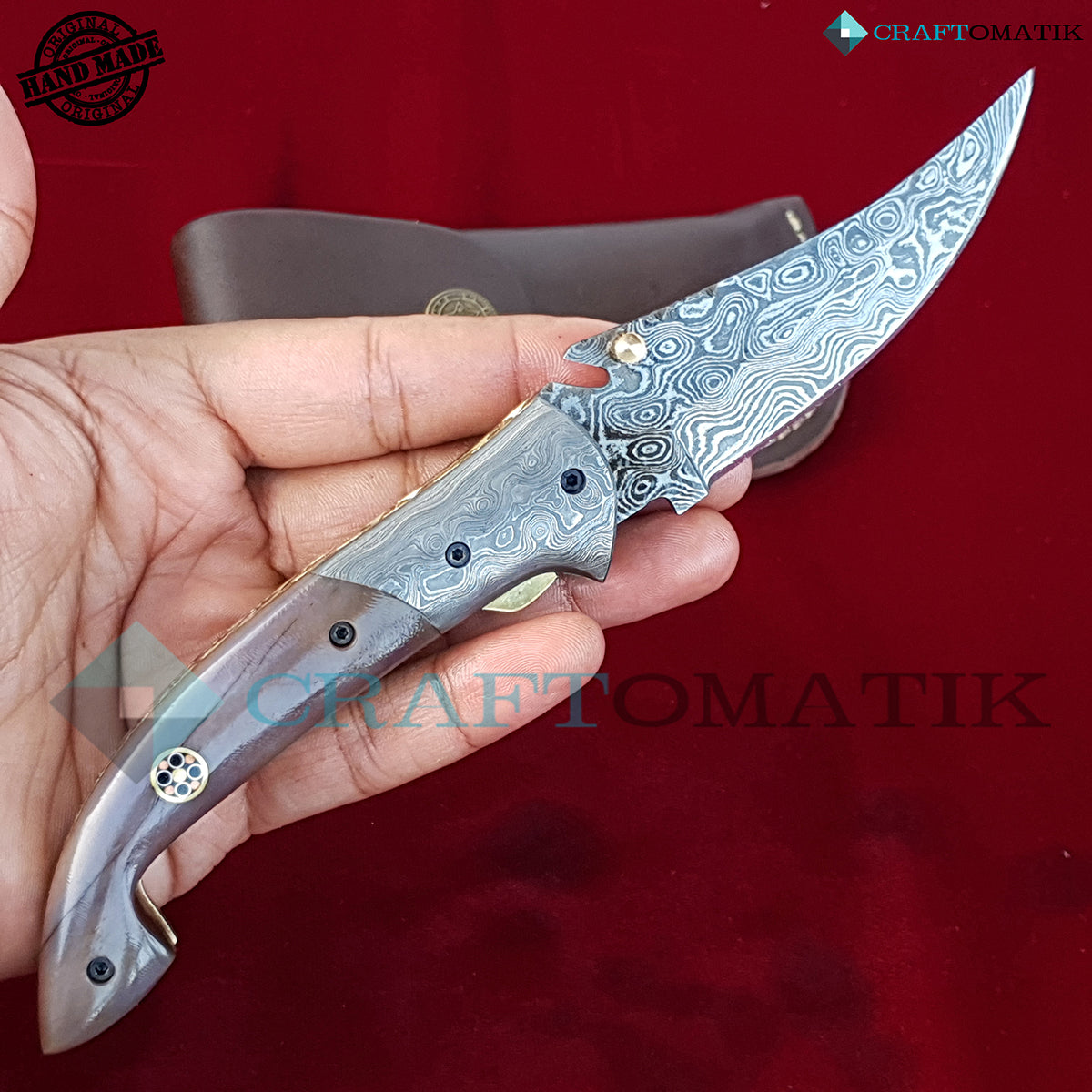 Damascus Folding Knife | Pocket Knife Jack Knife | Camel Bone, Damascus Steel, Mosaic Pin Grip | Handmade Damascus Outdoor Camping Knife | FK27