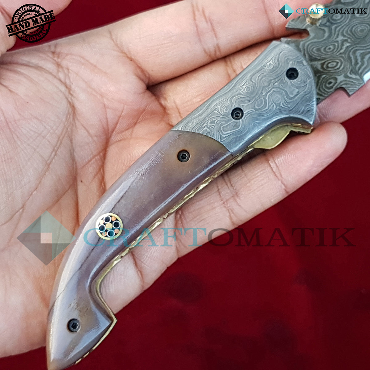 Damascus Folding Knife | Pocket Knife Jack Knife | Camel Bone, Damascus Steel, Mosaic Pin Grip | Handmade Damascus Outdoor Camping Knife | FK27