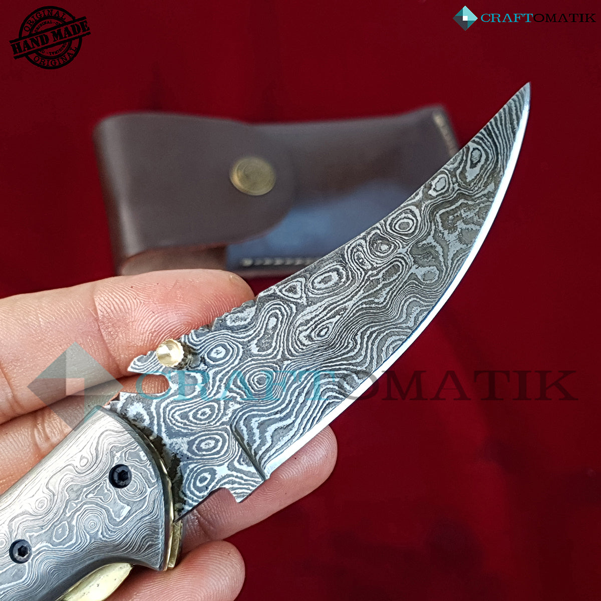 Damascus Folding Knife | Pocket Knife Jack Knife | Camel Bone, Damascus Steel, Mosaic Pin Grip | Handmade Damascus Outdoor Camping Knife | FK27