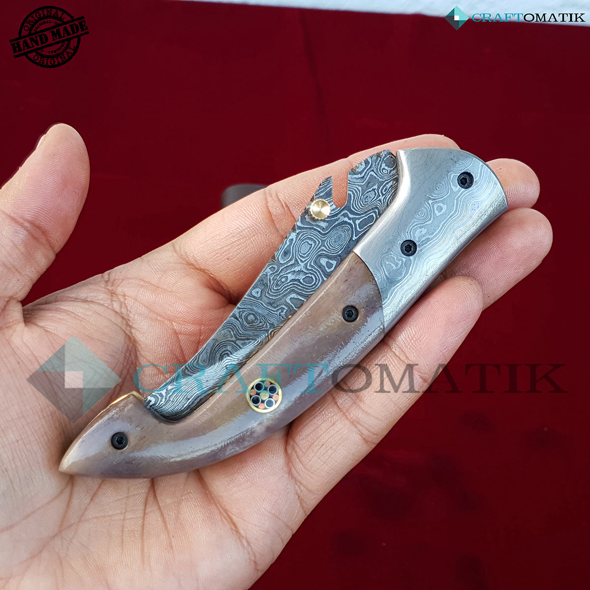 Damascus Folding Knife | Pocket Knife Jack Knife | Camel Bone, Damascus Steel, Mosaic Pin Grip | Handmade Damascus Outdoor Camping Knife | FK27