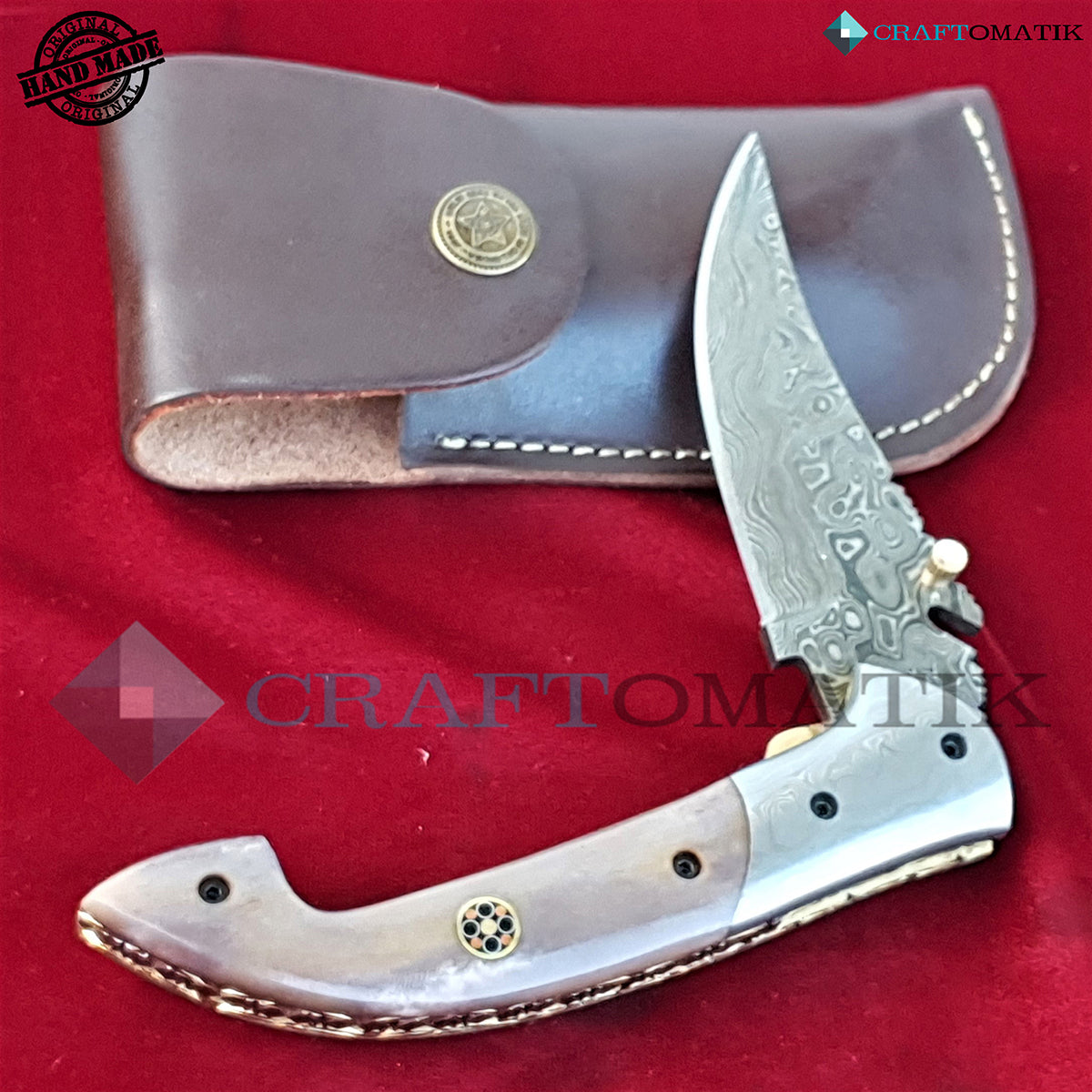 Damascus Folding Knife | Pocket Knife Jack Knife | Camel Bone, Damascus Steel, Mosaic Pin Grip | Handmade Damascus Outdoor Camping Knife | FK27