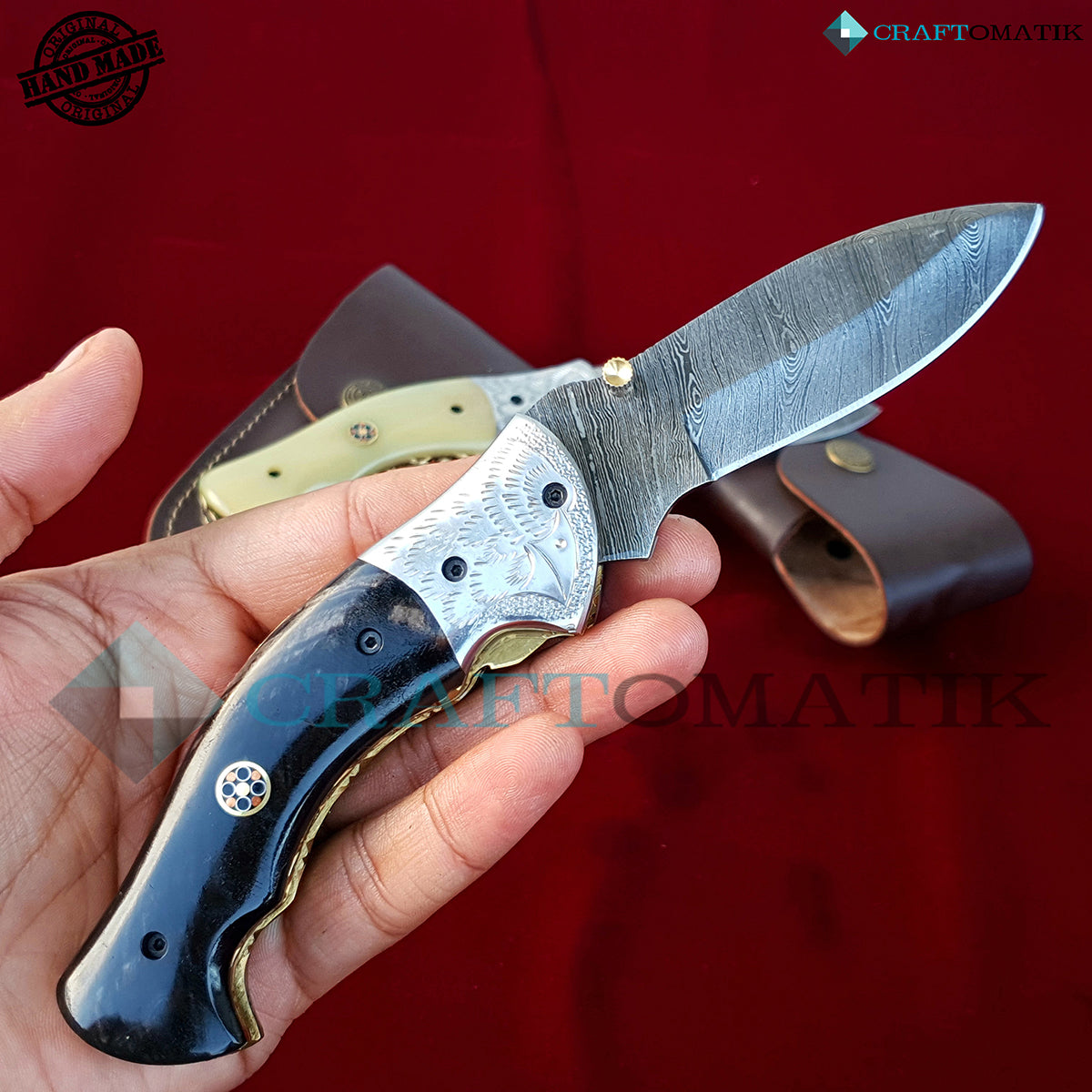 Eagle Damascus Folding Knife | Pocket Knife Jack Knife | Engraved Steel, Buffalo Horn, Mosaic Pin Grip | Handmade Damascus Outdoor Camping Knife | FK28-BK