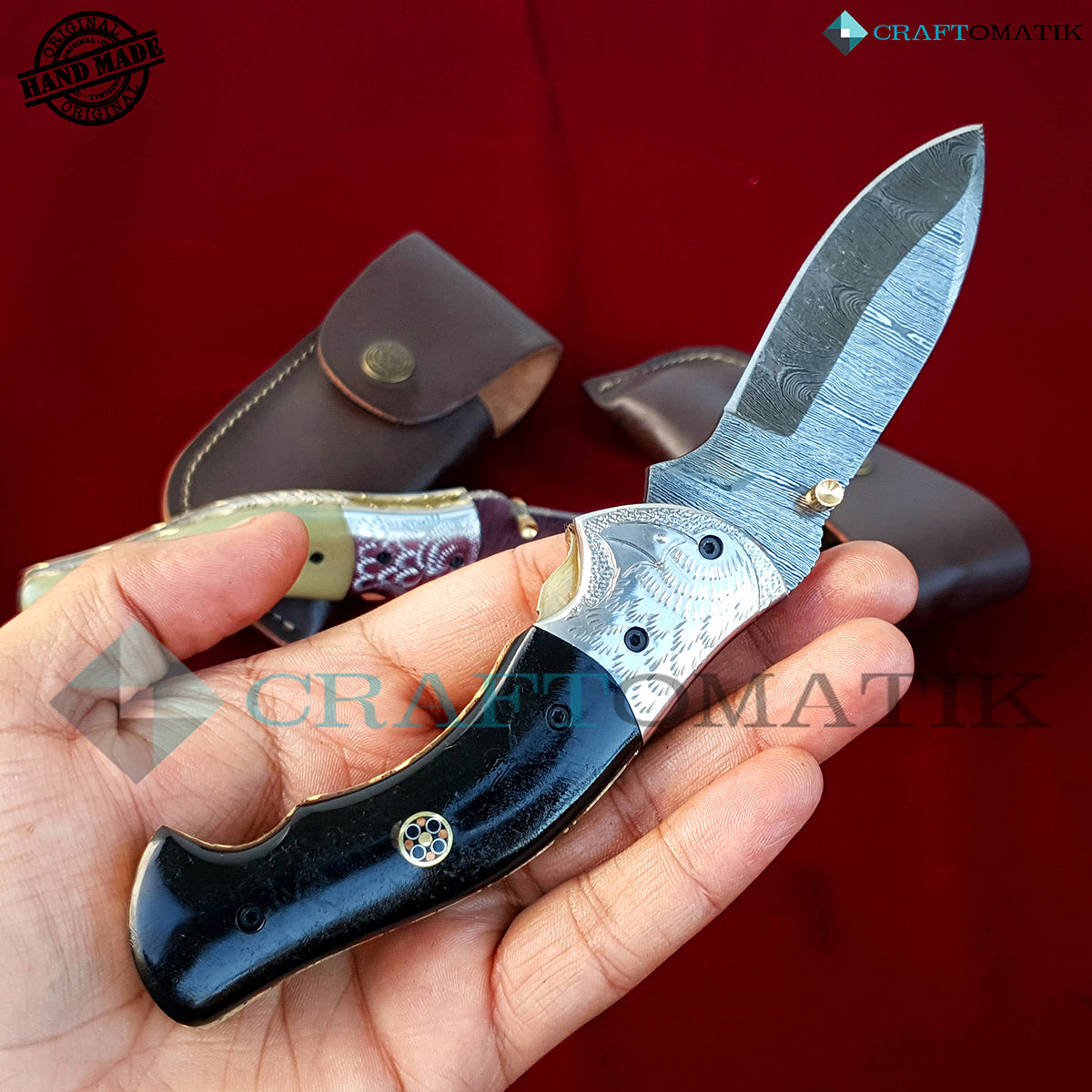 Eagle Damascus Folding Knife | Pocket Knife Jack Knife | Engraved Steel, Buffalo Horn, Mosaic Pin Grip | Handmade Damascus Outdoor Camping Knife | FK28-BK