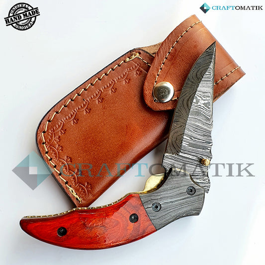 Damascus Folding Knife | Pocket Knife Jack Knife | Rose Wood, Damascus Steel Grip | Handmade Damascus Outdoor Camping Knife | FK30