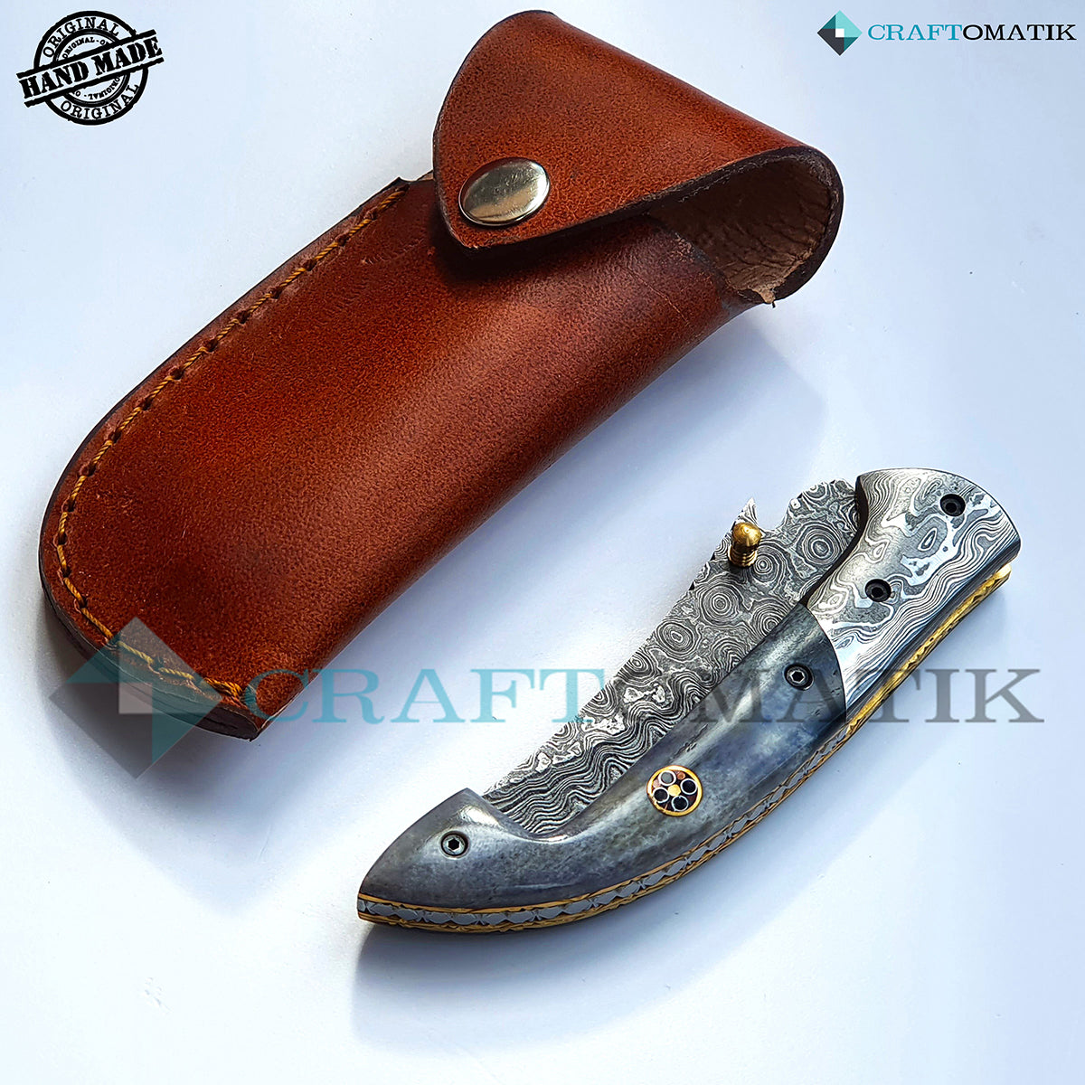 Damascus Folding Knife | Pocket Knife Jack Knife | Camel Bone, Damascus Steel, Brass Grip | Handmade Damascus Outdoor Camping Knife | FK32