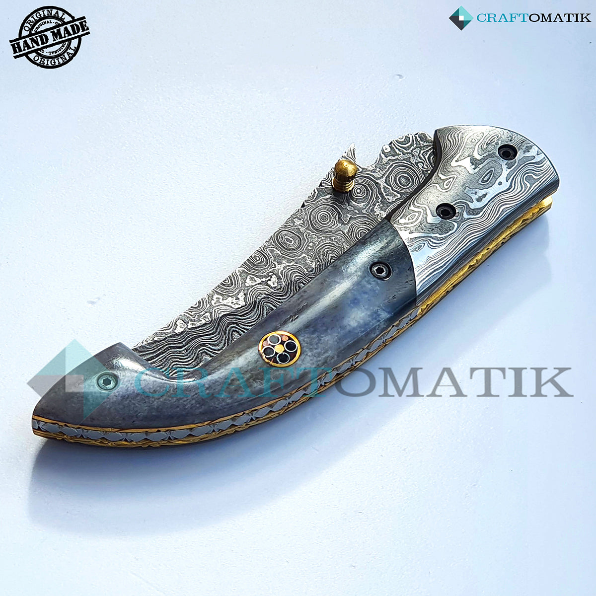 Damascus Folding Knife | Pocket Knife Jack Knife | Camel Bone, Damascus Steel, Brass Grip | Handmade Damascus Outdoor Camping Knife | FK32