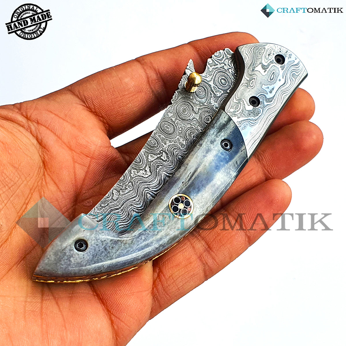 Damascus Folding Knife | Pocket Knife Jack Knife | Camel Bone, Damascus Steel, Brass Grip | Handmade Damascus Outdoor Camping Knife | FK32