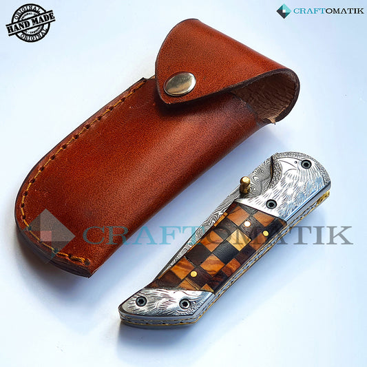 Engraved Eagle Damascus Folding Knife | Pocket Knife Jack Knife | Walnut and Rose Wood, Steel, Brass Grip | Handmade Damascus Outdoor Camping Knife | FK33