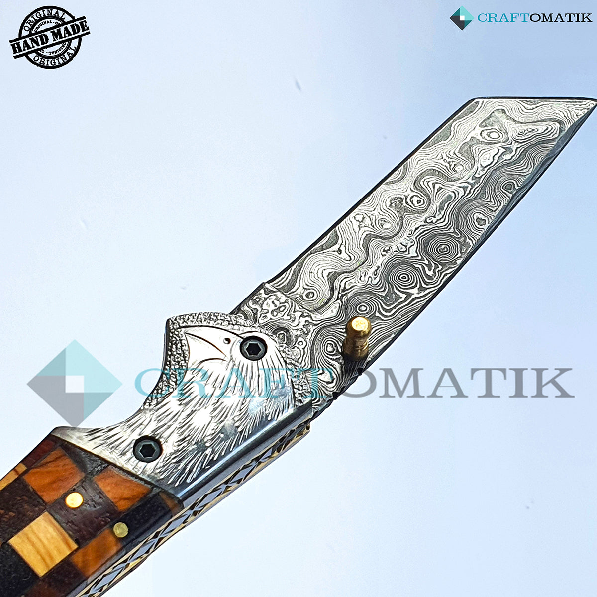 Engraved Eagle Damascus Folding Knife | Pocket Knife Jack Knife | Walnut and Rose Wood, Steel, Brass Grip | Handmade Damascus Outdoor Camping Knife | FK33