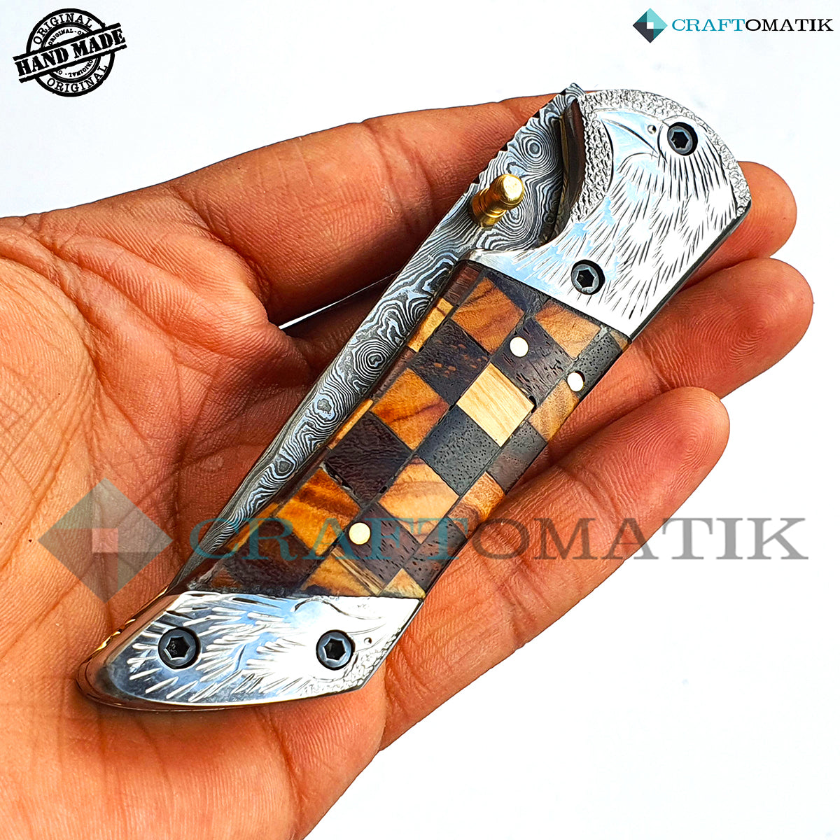 Engraved Eagle Damascus Folding Knife | Pocket Knife Jack Knife | Walnut and Rose Wood, Steel, Brass Grip | Handmade Damascus Outdoor Camping Knife | FK33