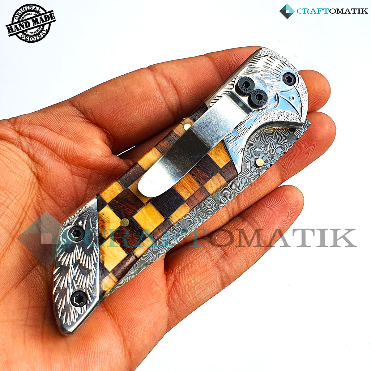 Engraved Eagle Damascus Folding Knife | Pocket Knife Jack Knife | Walnut and Rose Wood, Steel, Brass Grip | Handmade Damascus Outdoor Camping Knife | FK33