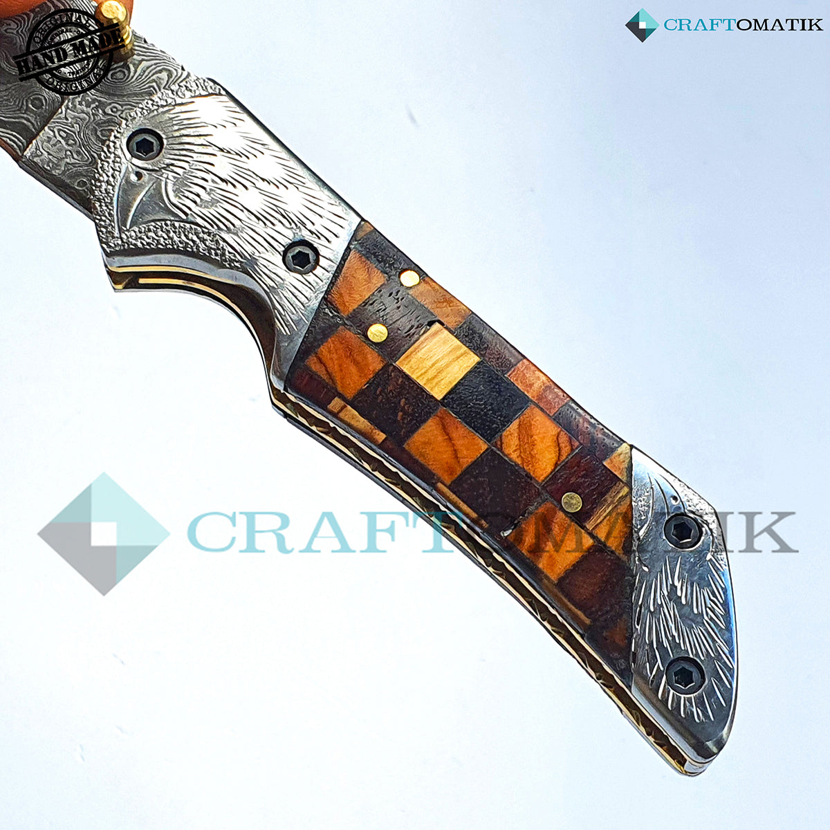 Engraved Eagle Damascus Folding Knife | Pocket Knife Jack Knife | Walnut and Rose Wood, Steel, Brass Grip | Handmade Damascus Outdoor Camping Knife | FK33