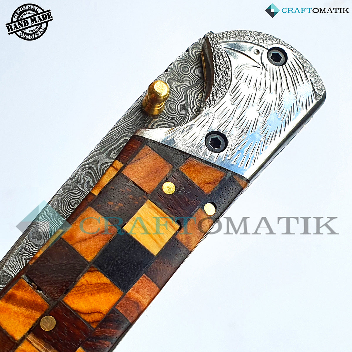 Engraved Eagle Damascus Folding Knife | Pocket Knife Jack Knife | Walnut and Rose Wood, Steel, Brass Grip | Handmade Damascus Outdoor Camping Knife | FK33