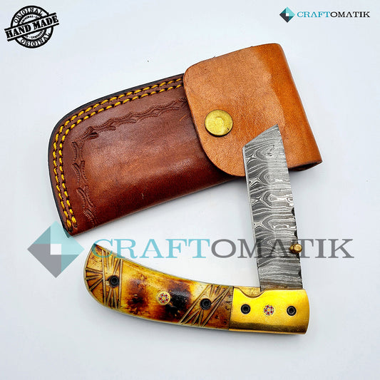 Persian Damascus Folding Knife | Pocket Knife Jack Knife | Camel Bone, Brass, Mosaic Pin Grip | Handmade Damascus Outdoor Camping Knife | FK35