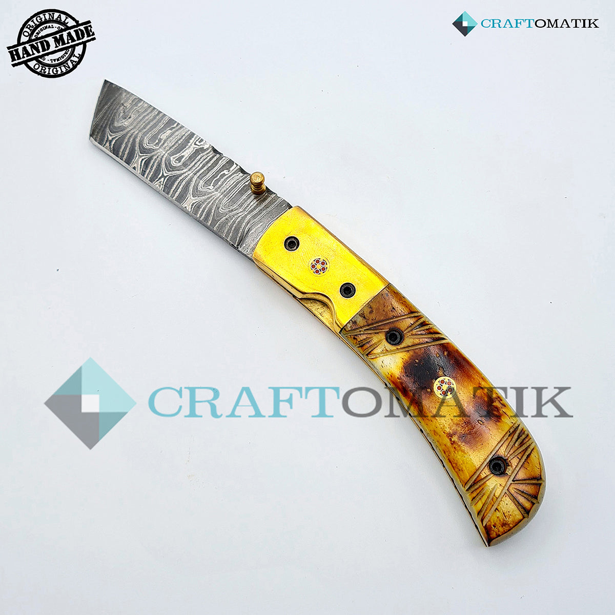 Persian Damascus Folding Knife | Pocket Knife Jack Knife | Camel Bone, Brass, Mosaic Pin Grip | Handmade Damascus Outdoor Camping Knife | FK35