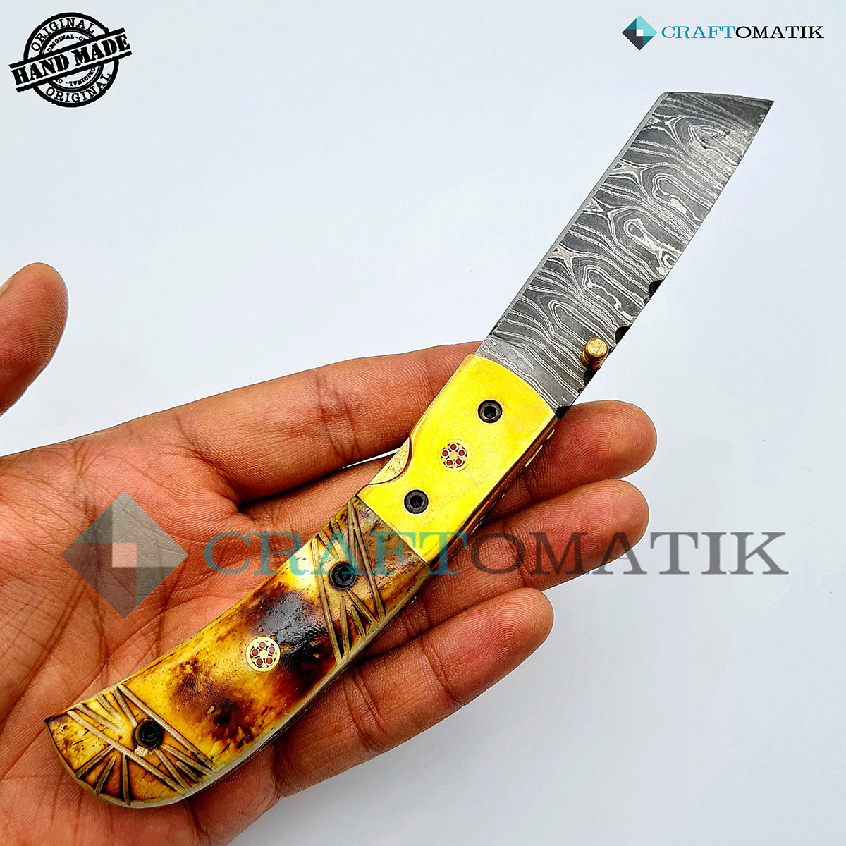 Persian Damascus Folding Knife | Pocket Knife Jack Knife | Camel Bone, Brass, Mosaic Pin Grip | Handmade Damascus Outdoor Camping Knife | FK35