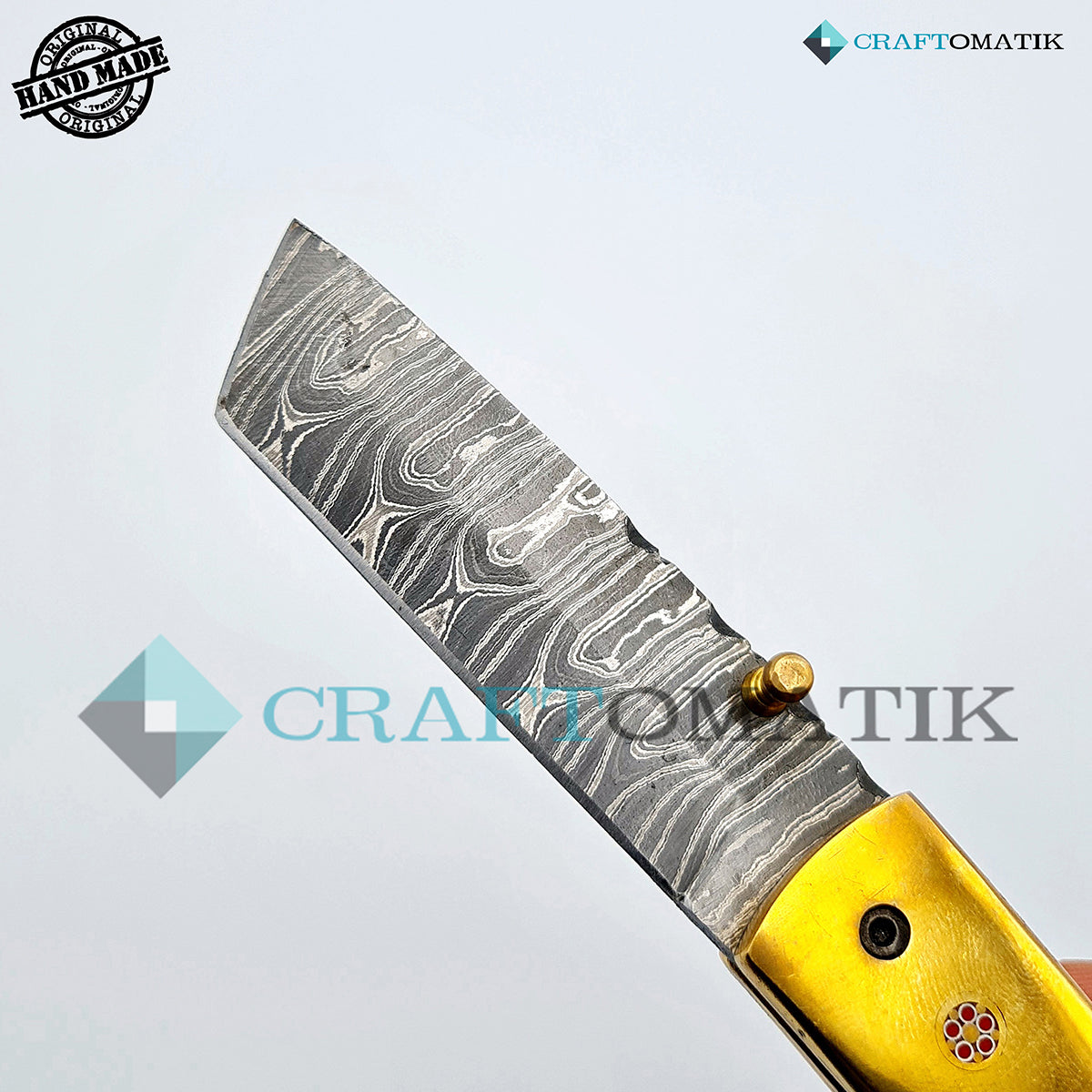 Persian Damascus Folding Knife | Pocket Knife Jack Knife | Camel Bone, Brass, Mosaic Pin Grip | Handmade Damascus Outdoor Camping Knife | FK35