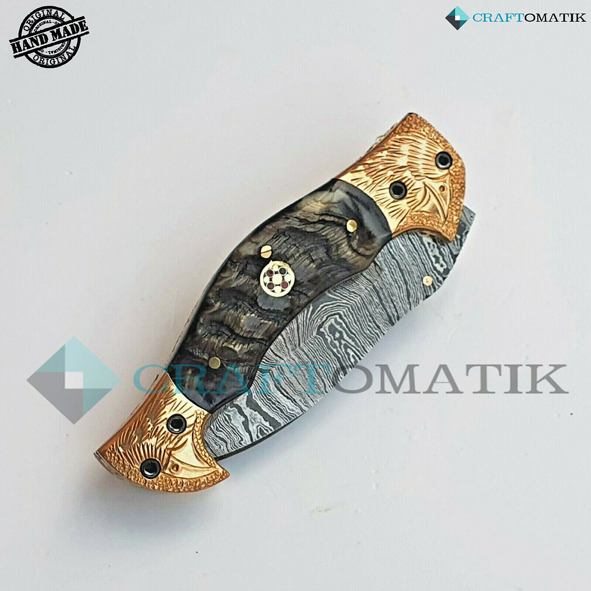 Golden Eagle Damascus Folding Knife | Pocket Knife Jack Knife | Engraved Brass, Ram Horn, Mosaic Pin Grip | Handmade Damascus Outdoor Camping Knife | FK36