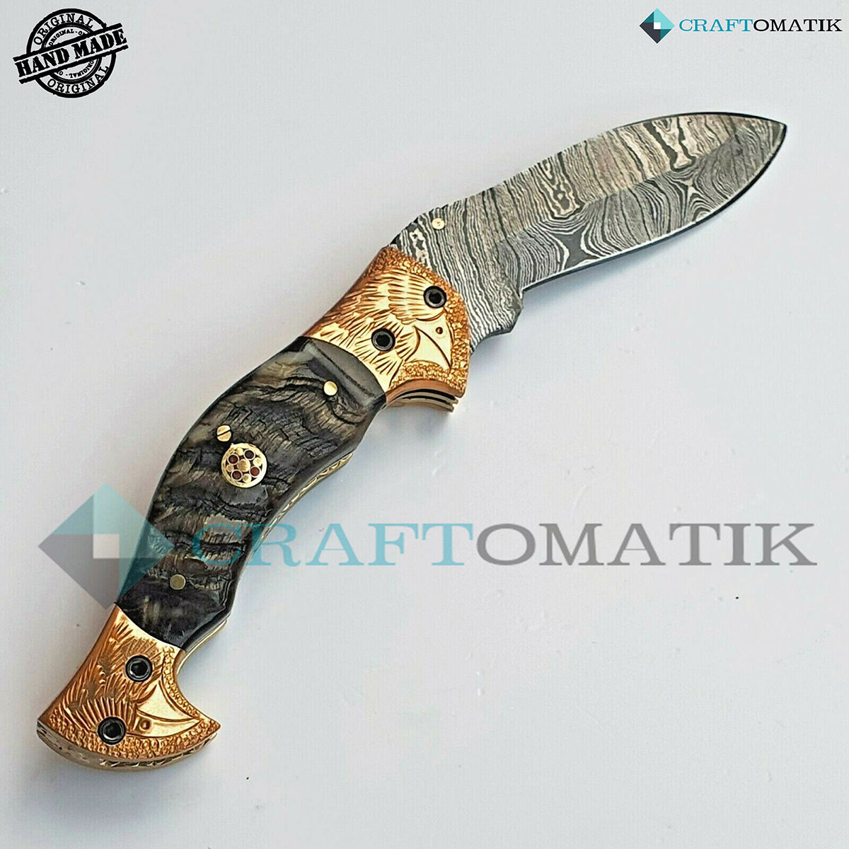 Golden Eagle Damascus Folding Knife | Pocket Knife Jack Knife | Engraved Brass, Ram Horn, Mosaic Pin Grip | Handmade Damascus Outdoor Camping Knife | FK36