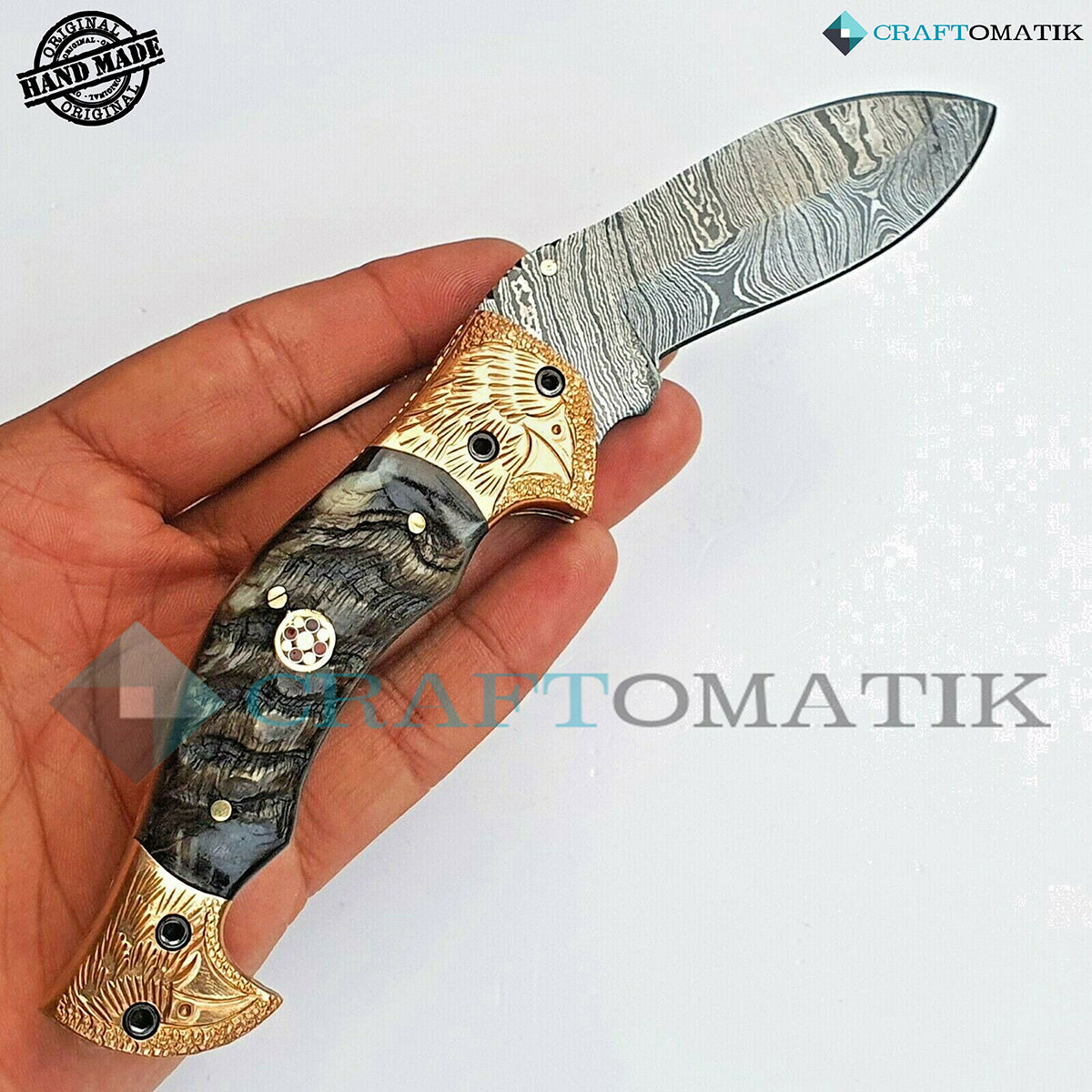 Golden Eagle Damascus Folding Knife | Pocket Knife Jack Knife | Engraved Brass, Ram Horn, Mosaic Pin Grip | Handmade Damascus Outdoor Camping Knife | FK36