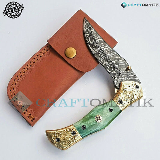 Persian Damascus Folding Knife | Pocket Knife Jack Knife | Camel Bone, Brass, Mosaic Pin Grip | Handmade Damascus Outdoor Camping Knife | FK37