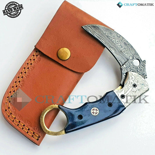 Damascus Folding Knife | Pocket Knife Jack Knife | Curve Crow shape Blade | Camel Bone, Brass, Mosaic Pin Grip | Handmade Damascus Outdoor Camping Knife | FK38