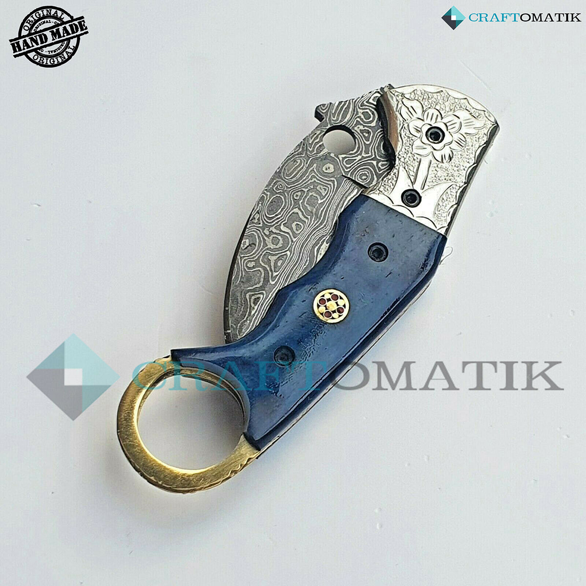 Damascus Folding Knife | Pocket Knife Jack Knife | Curve Crow shape Blade | Camel Bone, Brass, Mosaic Pin Grip | Handmade Damascus Outdoor Camping Knife | FK38