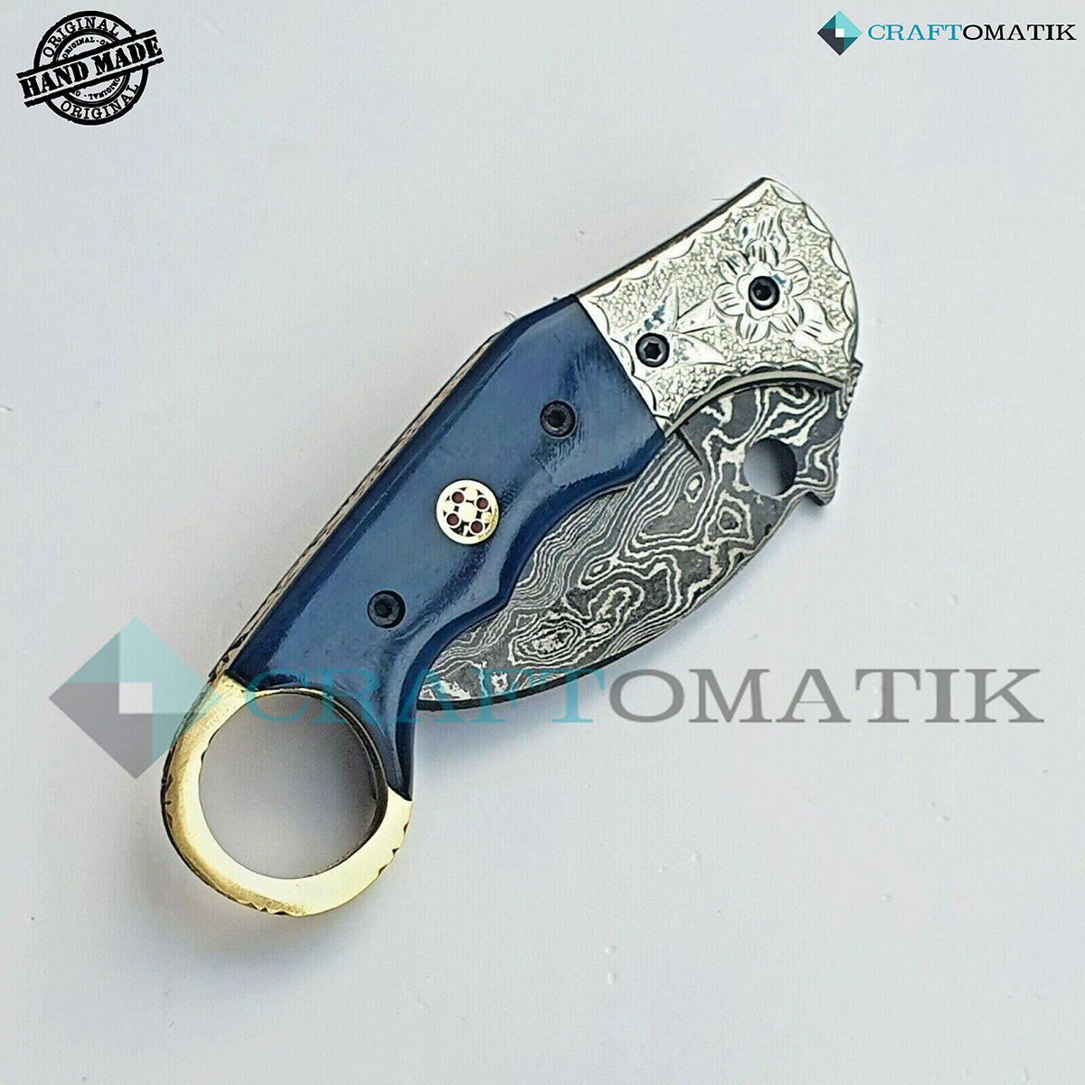 Damascus Folding Knife | Pocket Knife Jack Knife | Curve Crow shape Blade | Camel Bone, Brass, Mosaic Pin Grip | Handmade Damascus Outdoor Camping Knife | FK38