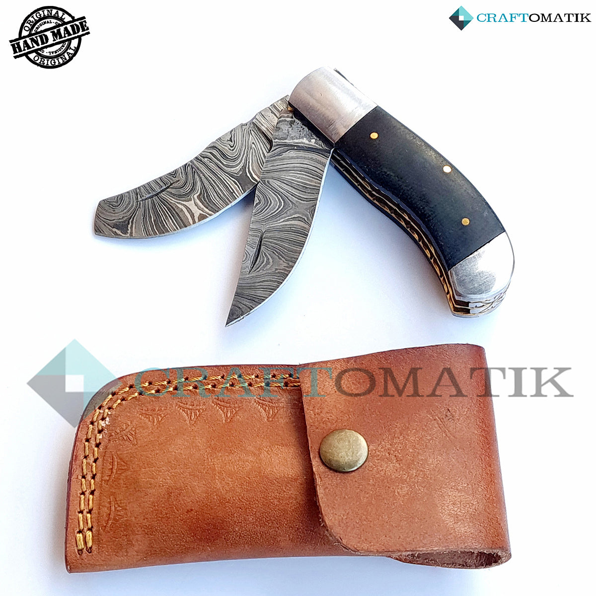 Two Blade Damascus Folding Knife | Pocket Knife Jack Knife | Micarta, Steel, Brass Pins Grip | Handmade Damascus Outdoor Camping Knife | FK39