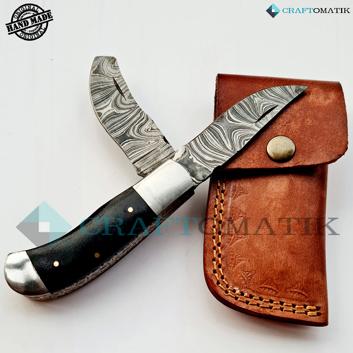 Two Blade Damascus Folding Knife | Pocket Knife Jack Knife | Micarta, Steel, Brass Pins Grip | Handmade Damascus Outdoor Camping Knife | FK39