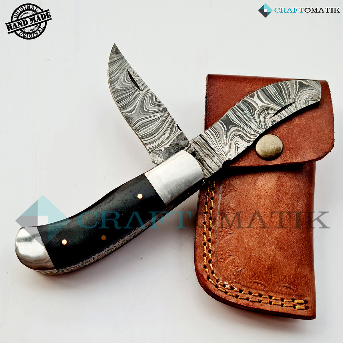 Two Blade Damascus Folding Knife | Pocket Knife Jack Knife | Micarta, Steel, Brass Pins Grip | Handmade Damascus Outdoor Camping Knife | FK39