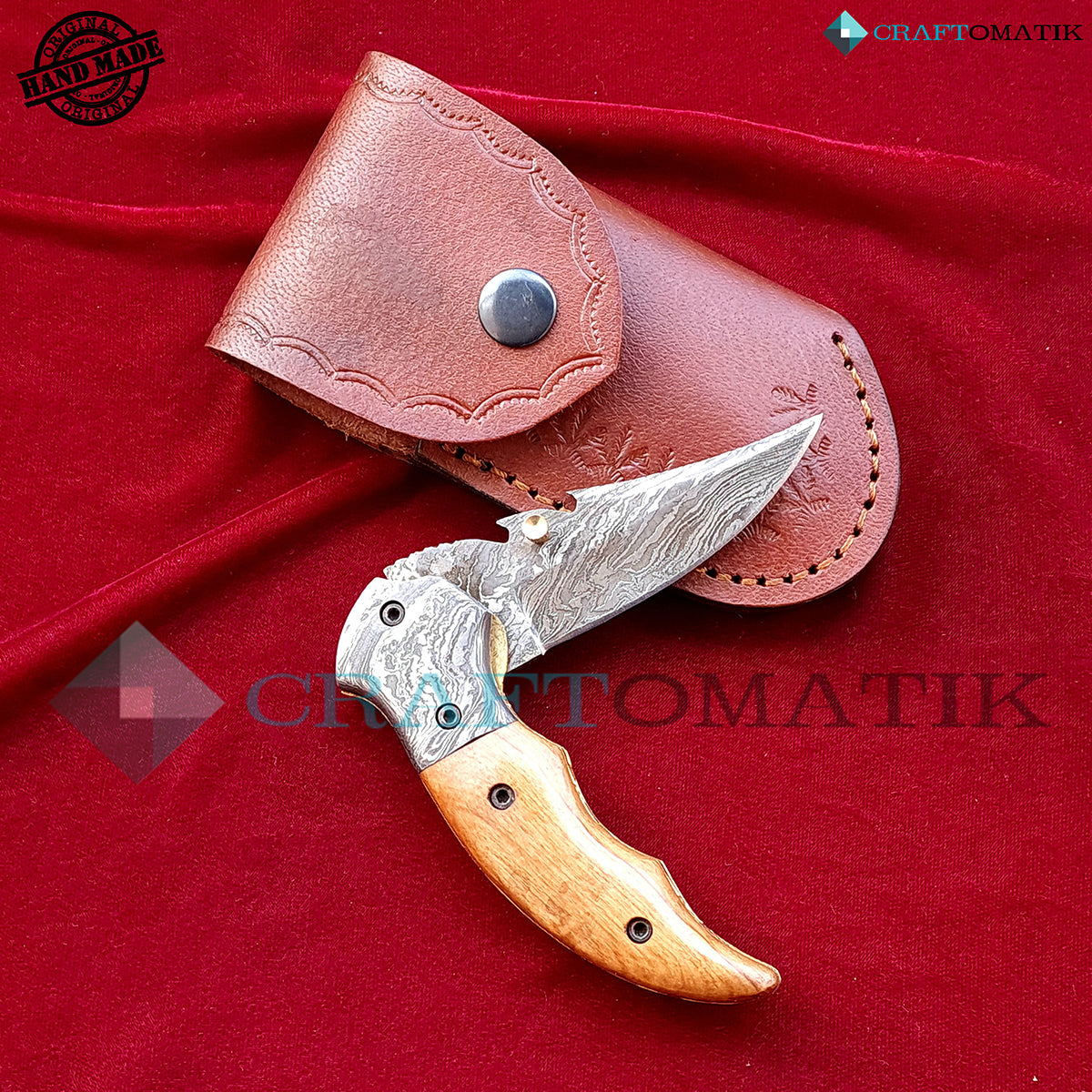 Damascus Folding Knife | Pocket Knife Jack Knife | Walnut Wood, Damascus Steel Grip | Handmade Damascus Outdoor Camping Knife | FK40