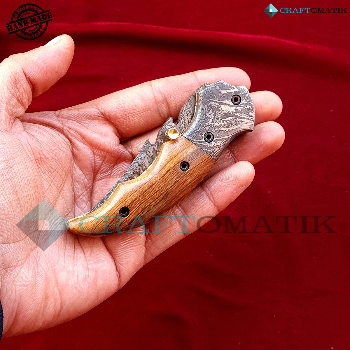 Damascus Folding Knife | Pocket Knife Jack Knife | Walnut Wood, Damascus Steel Grip | Handmade Damascus Outdoor Camping Knife | FK40