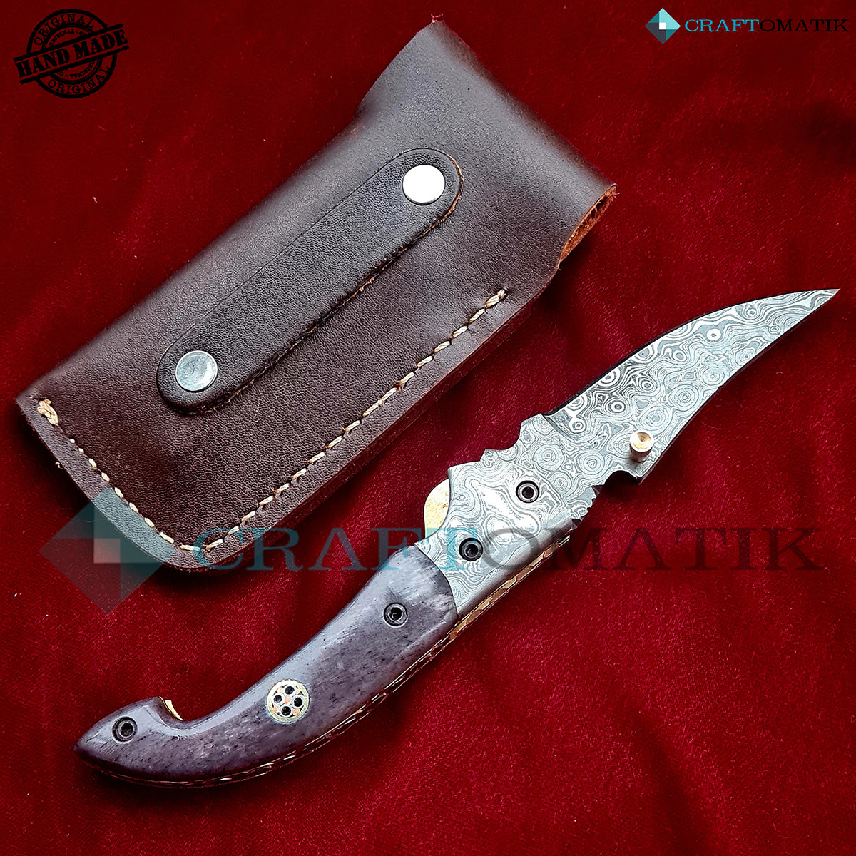 Damascus Folding Knife | Pocket Knife Jack Knife | Camel Bone, Damascus Steel, Brass, Mosaic Pin Grip | Handmade Damascus Outdoor Camping Knife | FK42