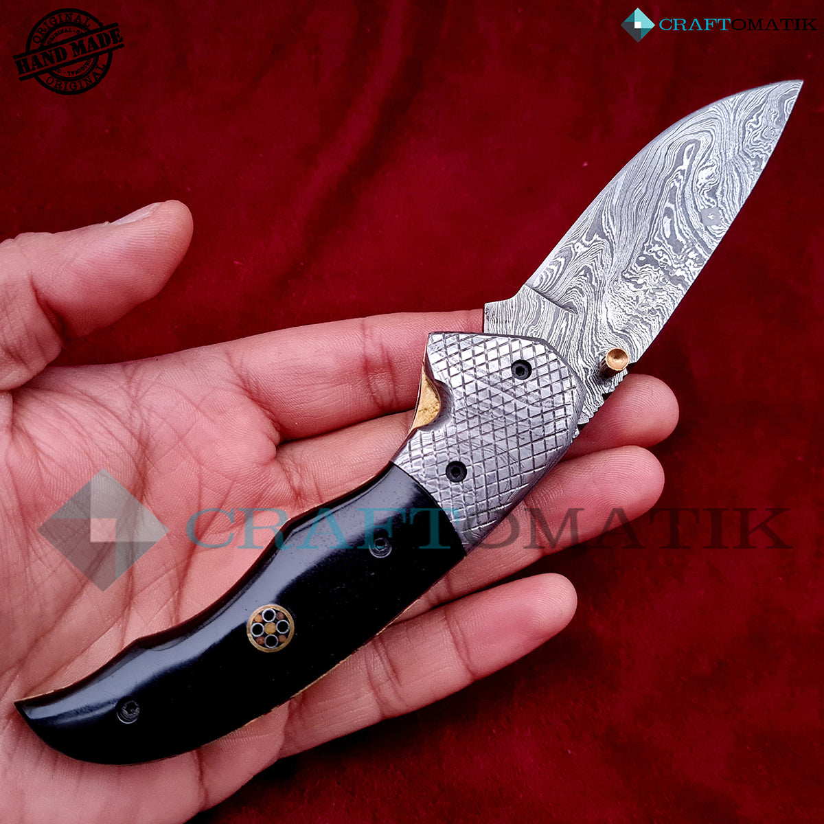 Damascus Folding Knife | Pocket Knife Jack Knife | Buffalo Horn, Steel, Mosaic Pin Grip | Handmade Damascus Outdoor Camping Knife | FK43-BK