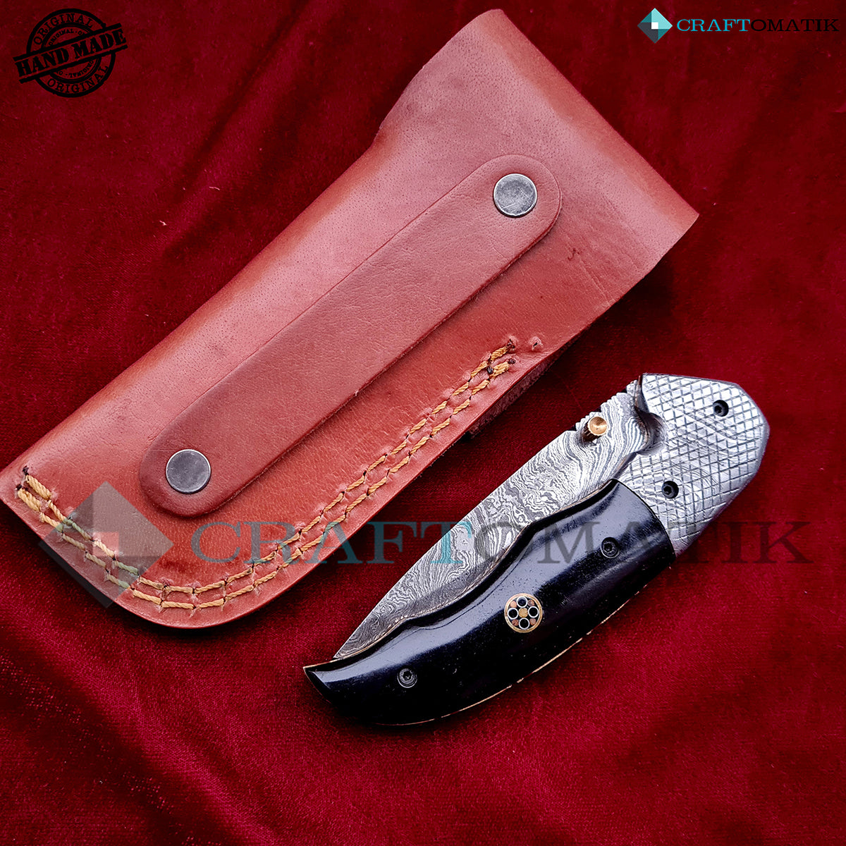 Damascus Folding Knife | Pocket Knife Jack Knife | Buffalo Horn, Steel, Mosaic Pin Grip | Handmade Damascus Outdoor Camping Knife | FK43-BK