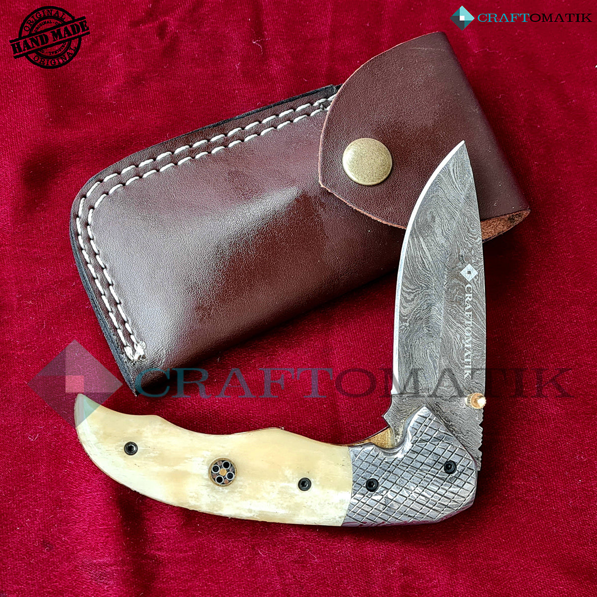 Damascus Folding Knife | Pocket Knife Jack Knife | Camel Bone, Steel, Mosaic Pin Grip | Handmade Damascus Outdoor Camping Knife | FK43-YW