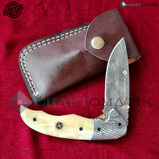 Damascus Folding Knife | Pocket Knife Jack Knife | Camel Bone, Steel, Mosaic Pin Grip | Handmade Damascus Outdoor Camping Knife | FK43-YW