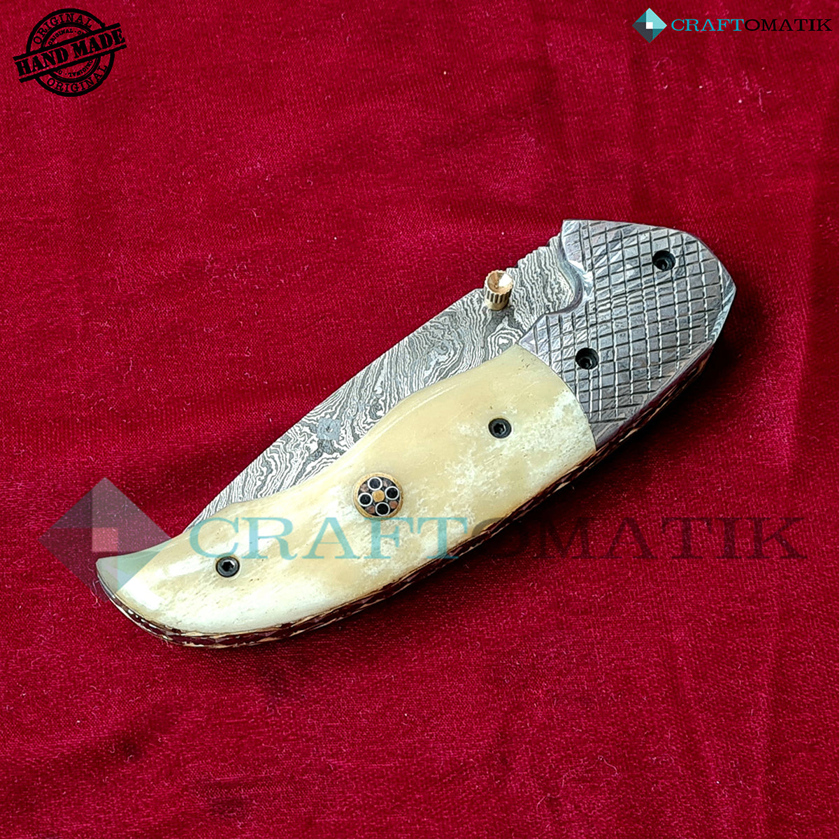 Damascus Folding Knife | Pocket Knife Jack Knife | Camel Bone, Steel, Mosaic Pin Grip | Handmade Damascus Outdoor Camping Knife | FK43-YW