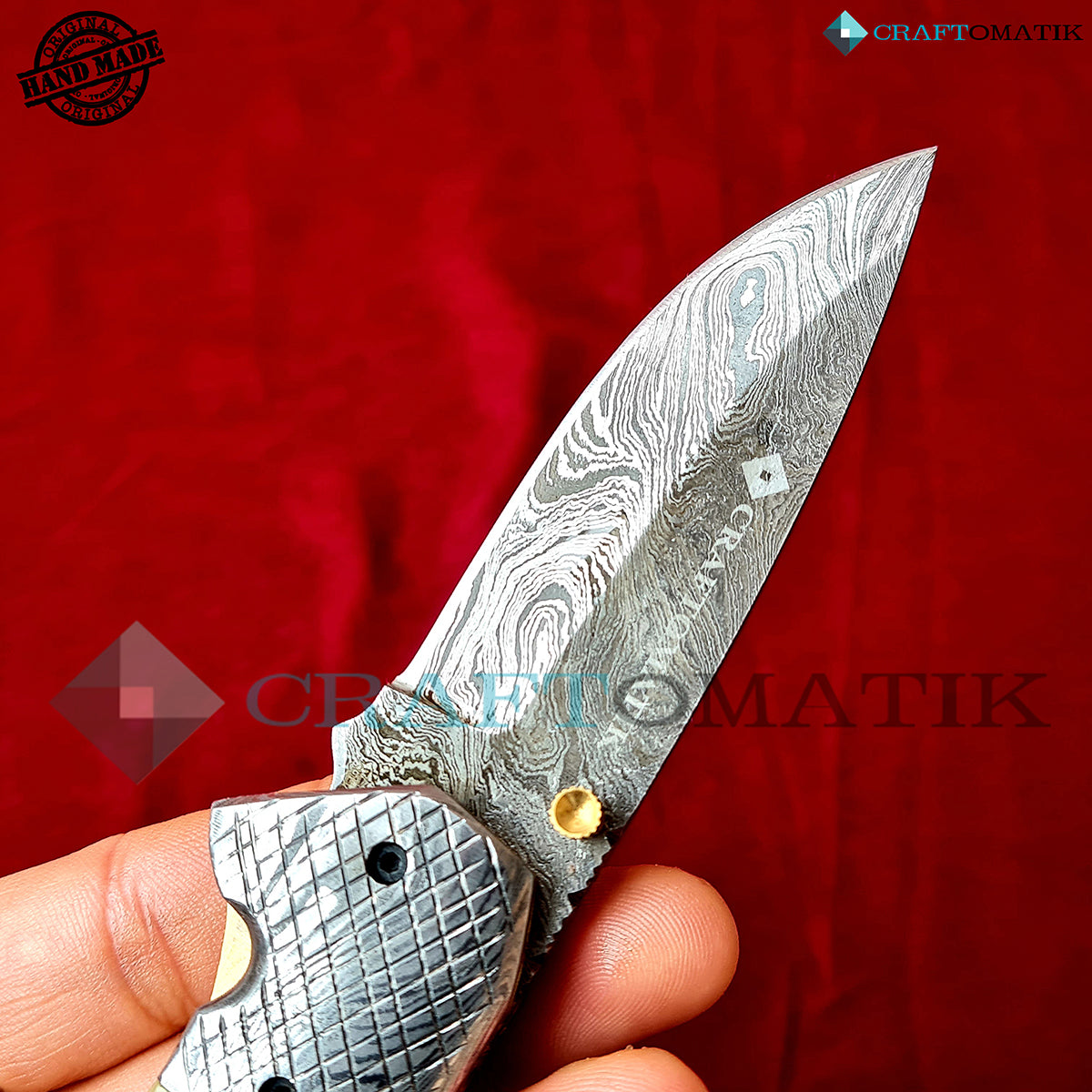 Damascus Folding Knife | Pocket Knife Jack Knife | Camel Bone, Steel, Mosaic Pin Grip | Handmade Damascus Outdoor Camping Knife | FK43-YW