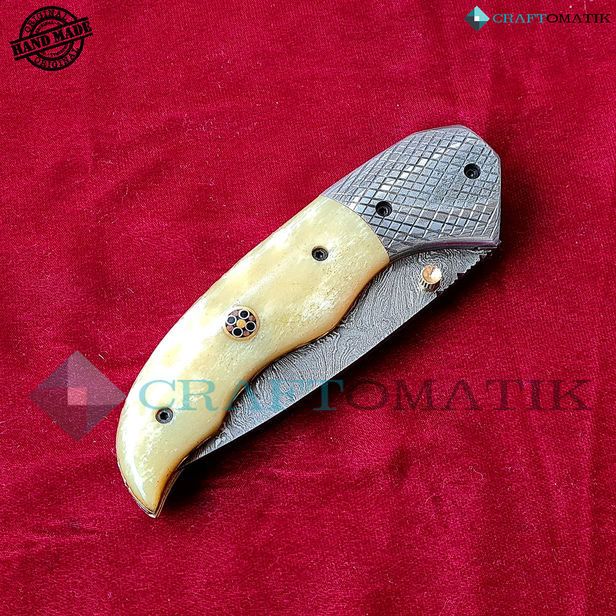 Damascus Folding Knife | Pocket Knife Jack Knife | Camel Bone, Steel, Mosaic Pin Grip | Handmade Damascus Outdoor Camping Knife | FK43-YW