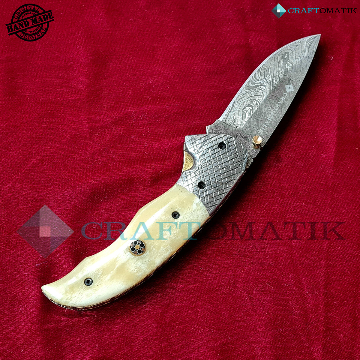 Damascus Folding Knife | Pocket Knife Jack Knife | Camel Bone, Steel, Mosaic Pin Grip | Handmade Damascus Outdoor Camping Knife | FK43-YW