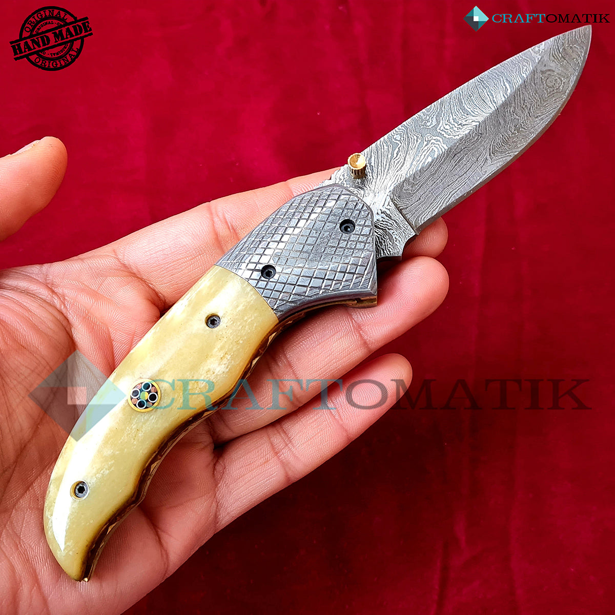 Damascus Folding Knife | Pocket Knife Jack Knife | Camel Bone, Steel, Mosaic Pin Grip | Handmade Damascus Outdoor Camping Knife | FK43-YW