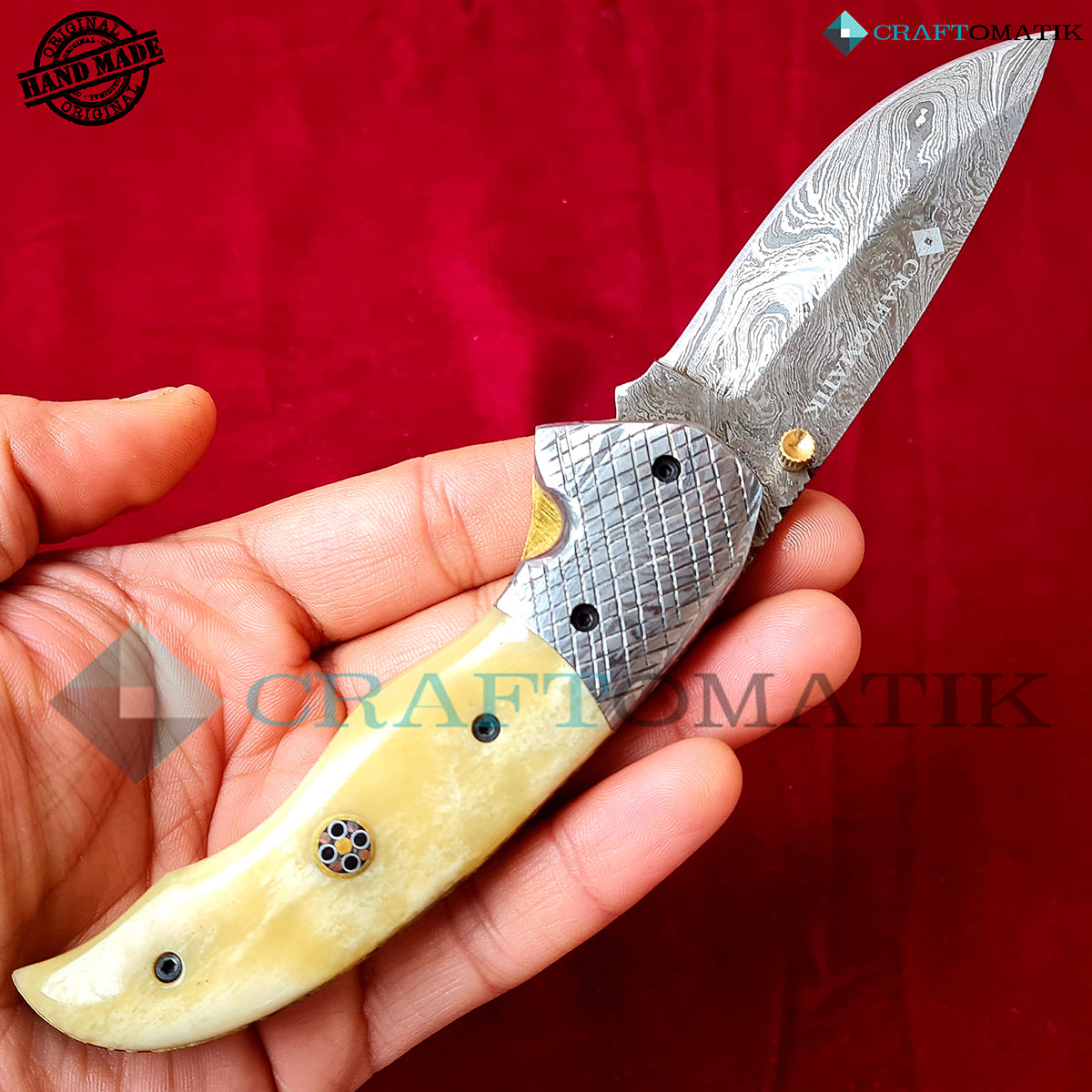 Damascus Folding Knife | Pocket Knife Jack Knife | Camel Bone, Steel, Mosaic Pin Grip | Handmade Damascus Outdoor Camping Knife | FK43-YW