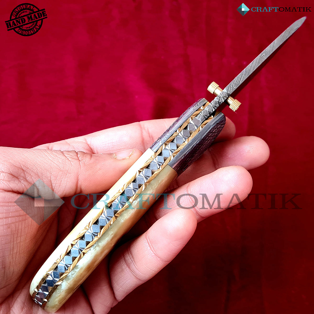 Damascus Folding Knife | Pocket Knife Jack Knife | Camel Bone, Steel, Mosaic Pin Grip | Handmade Damascus Outdoor Camping Knife | FK43-YW